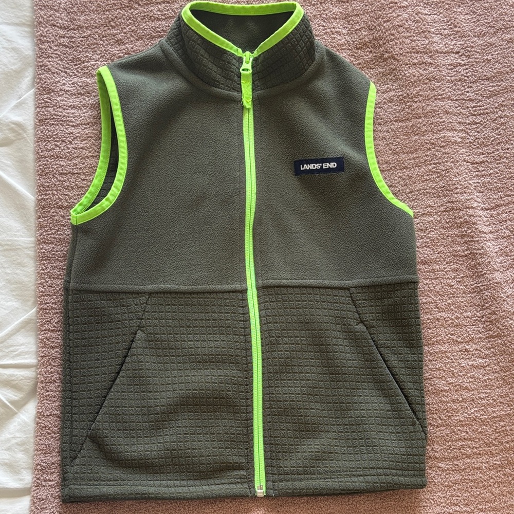 Lands' End olive green fleece Vest with Bright Green Accents